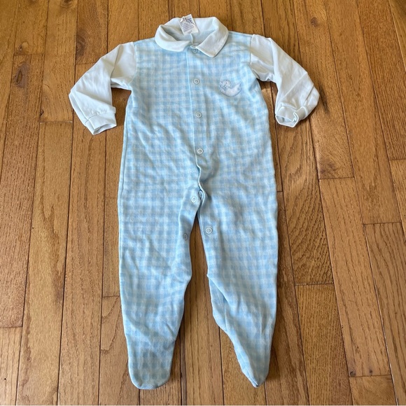VINTAGE BABY BLISS BLUE GINGHAM EMBROIDERED DUCK GRAPHIC PAJAMAS SIZE 6 MONTHS - Picture 1 of 7